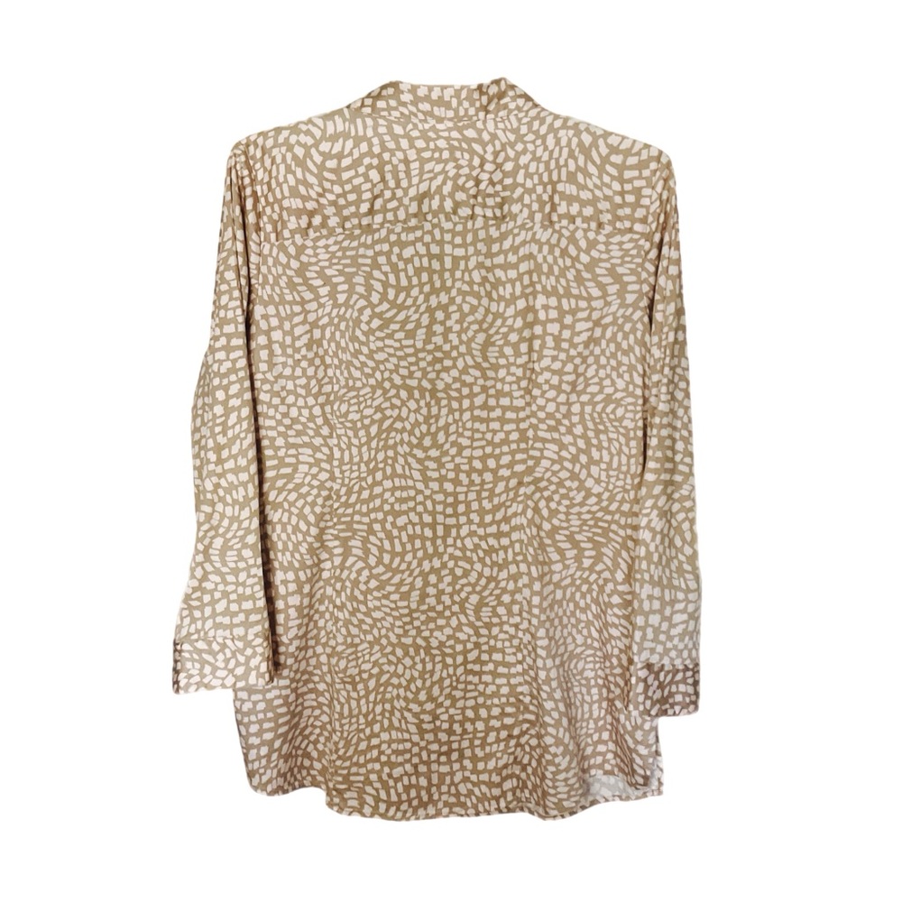 Chico's 3/XL (14-16) Tan Pink Artsy Print Blouse Abstract Button Up Long Sleeves - Picture 2 of 12